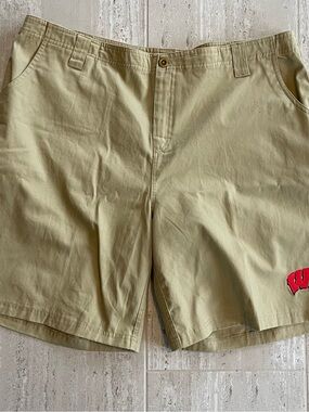 NCAA Tan Green Flat Front Shorts with Red Logo